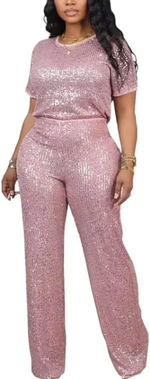 LROSEY Women's Glitter Metallic Sequin Two Piece Outfit Suit Set Tops Pants Outfits Jumpsuit
