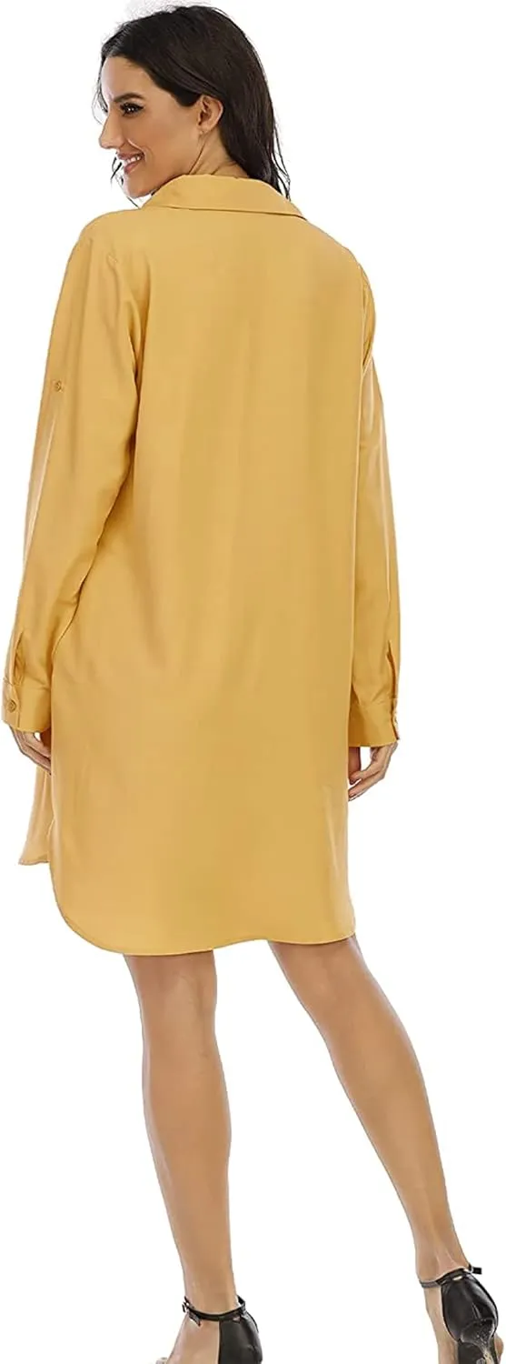 LUSMAY Women's Long Sleeve V Neck Button Down Shirt Dresses Casual Summer Dress with Pocket