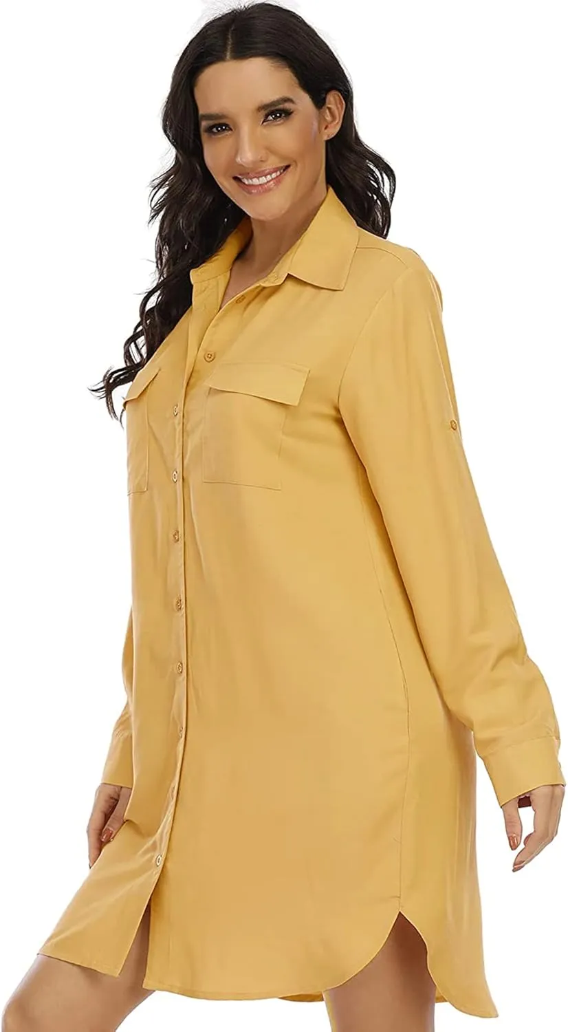 LUSMAY Women's Long Sleeve V Neck Button Down Shirt Dresses Casual Summer Dress with Pocket