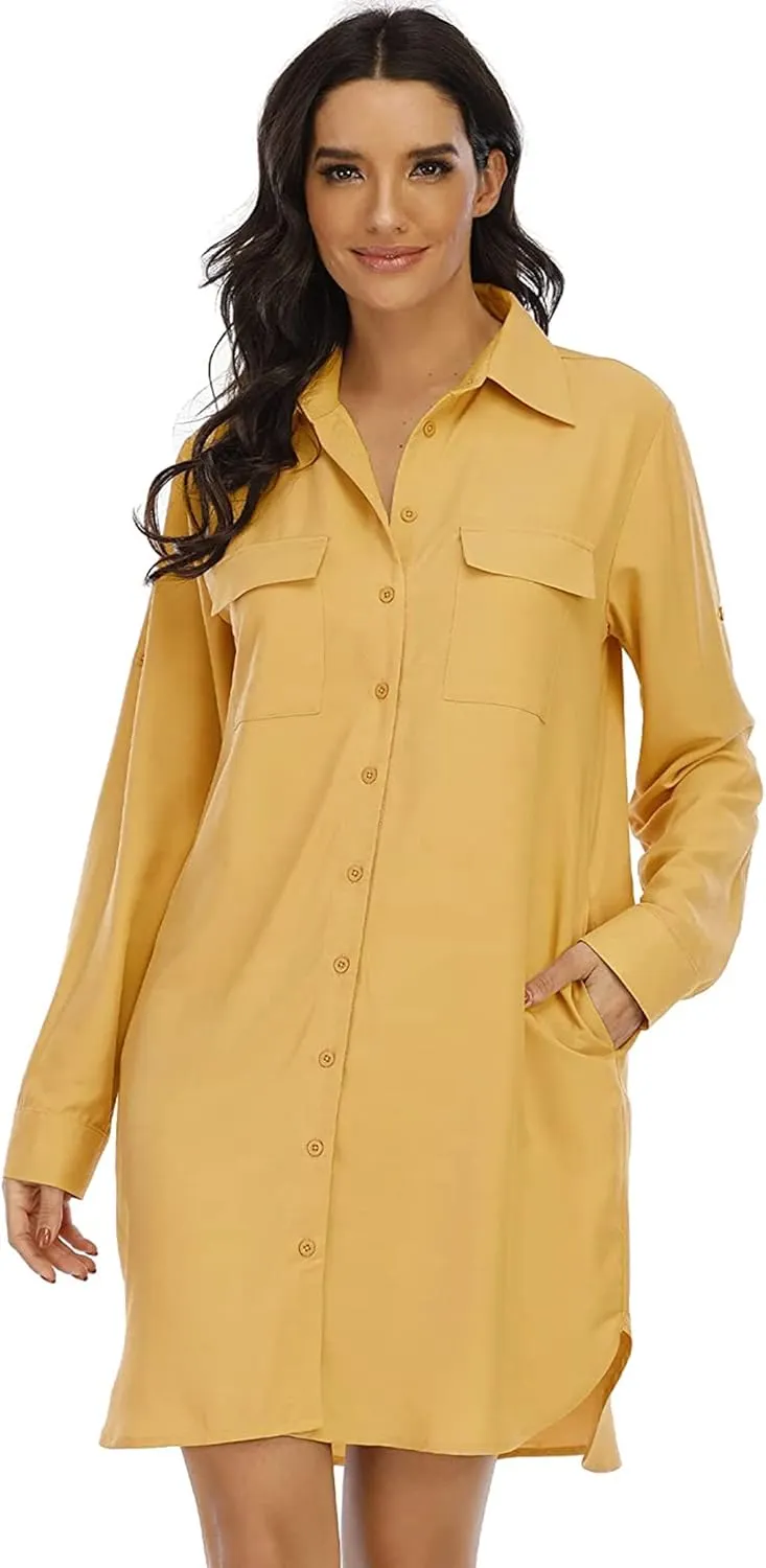 LUSMAY Women's Long Sleeve V Neck Button Down Shirt Dresses Casual Summer Dress with Pocket