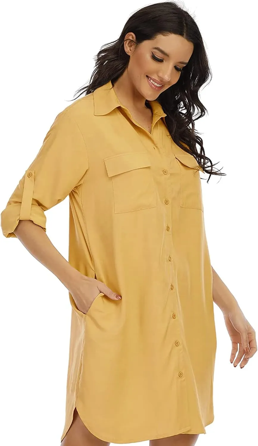 LUSMAY Women's Long Sleeve V Neck Button Down Shirt Dresses Casual Summer Dress with Pocket