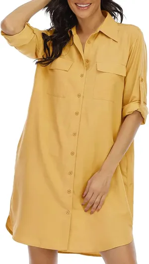 LUSMAY Women's Long Sleeve V Neck Button Down Shirt Dresses Casual Summer Dress with Pocket