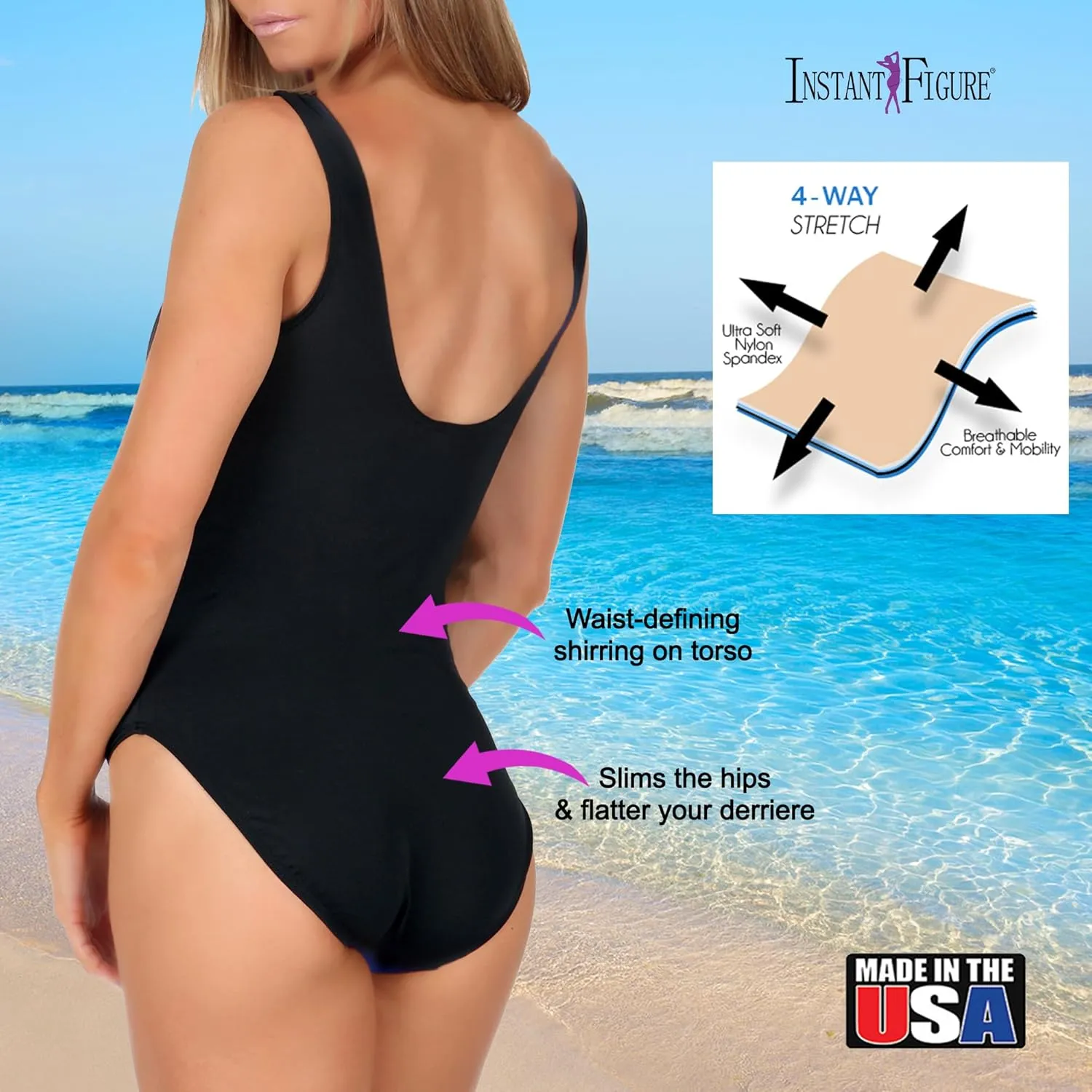 Made in USA Women's Compression Shapewear One-Piece Swimsuit w/Slimming Tummy Control