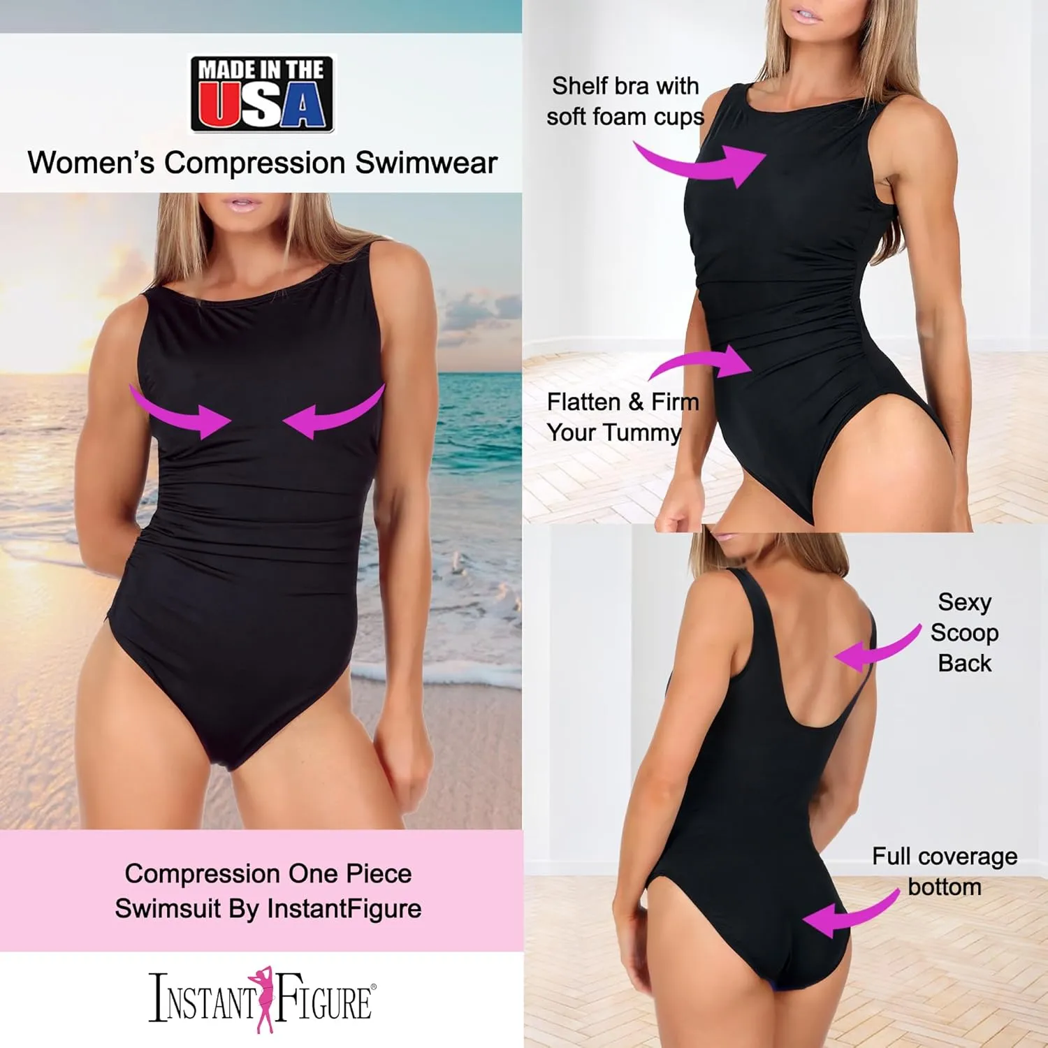 Made in USA Women's Compression Shapewear One-Piece Swimsuit w/Slimming Tummy Control