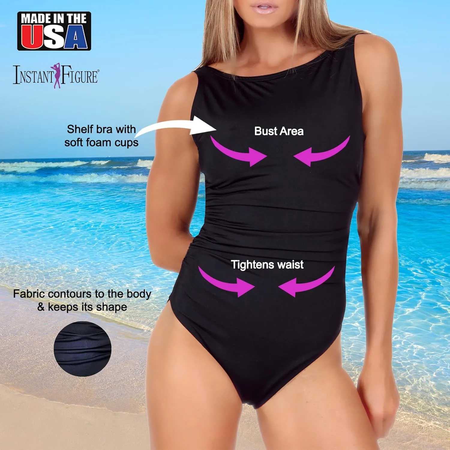 Made in USA Women's Compression Shapewear One-Piece Swimsuit w/Slimming Tummy Control