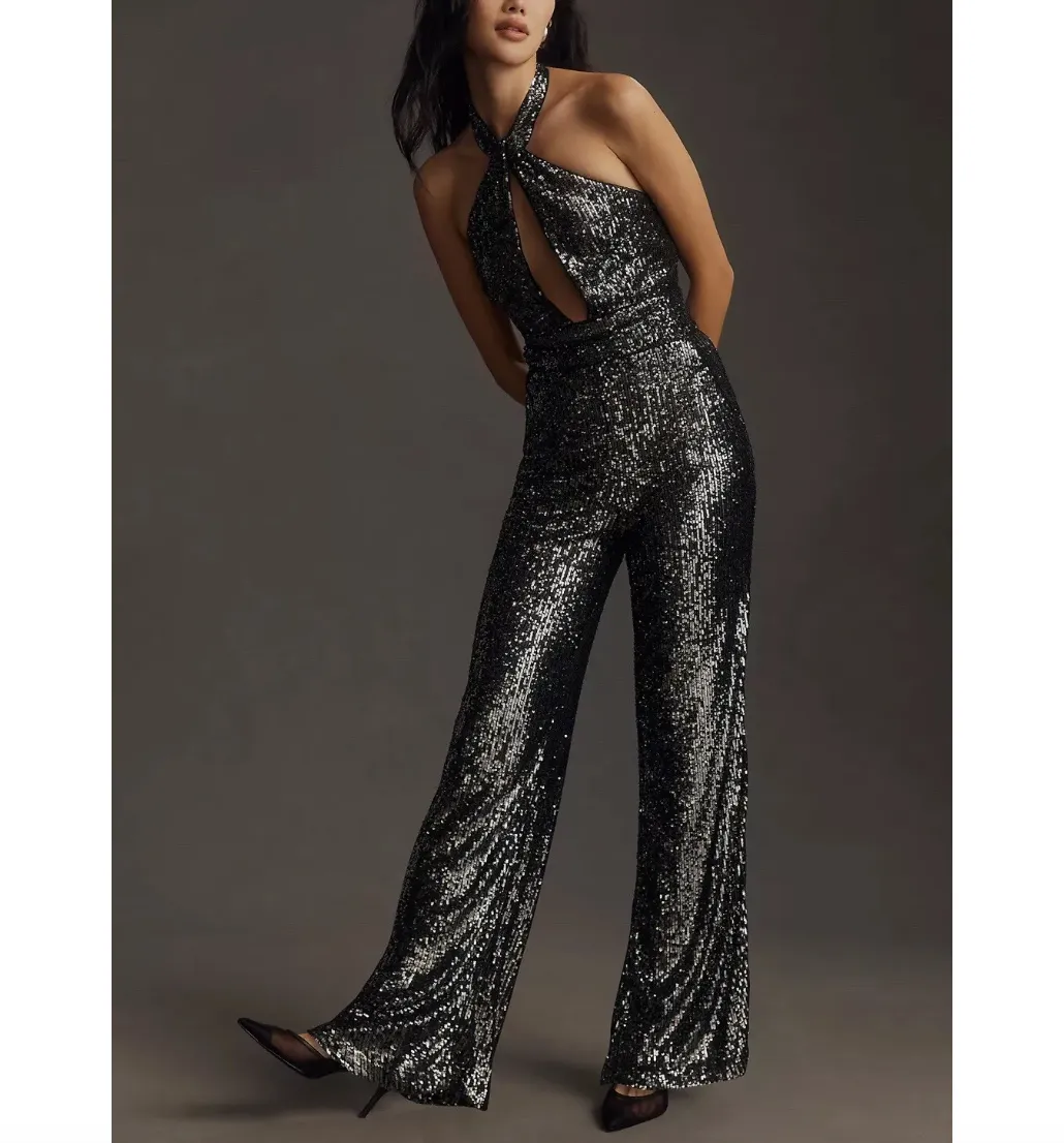 Maeve Black Sequin Halter Jumpsuit UK 16