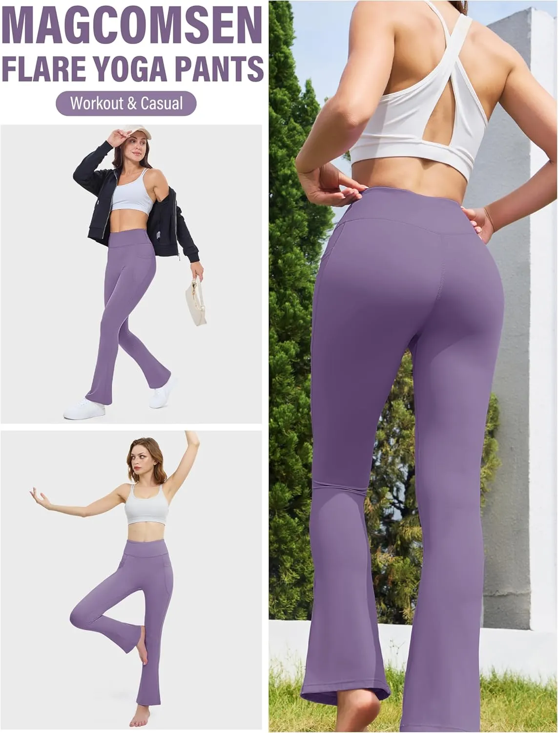 MAGCOMSEN Womens High Waisted Flare Leggings Tummy Control Yoga Pants with Pockets Mini Flared Bootcut Workout Casual