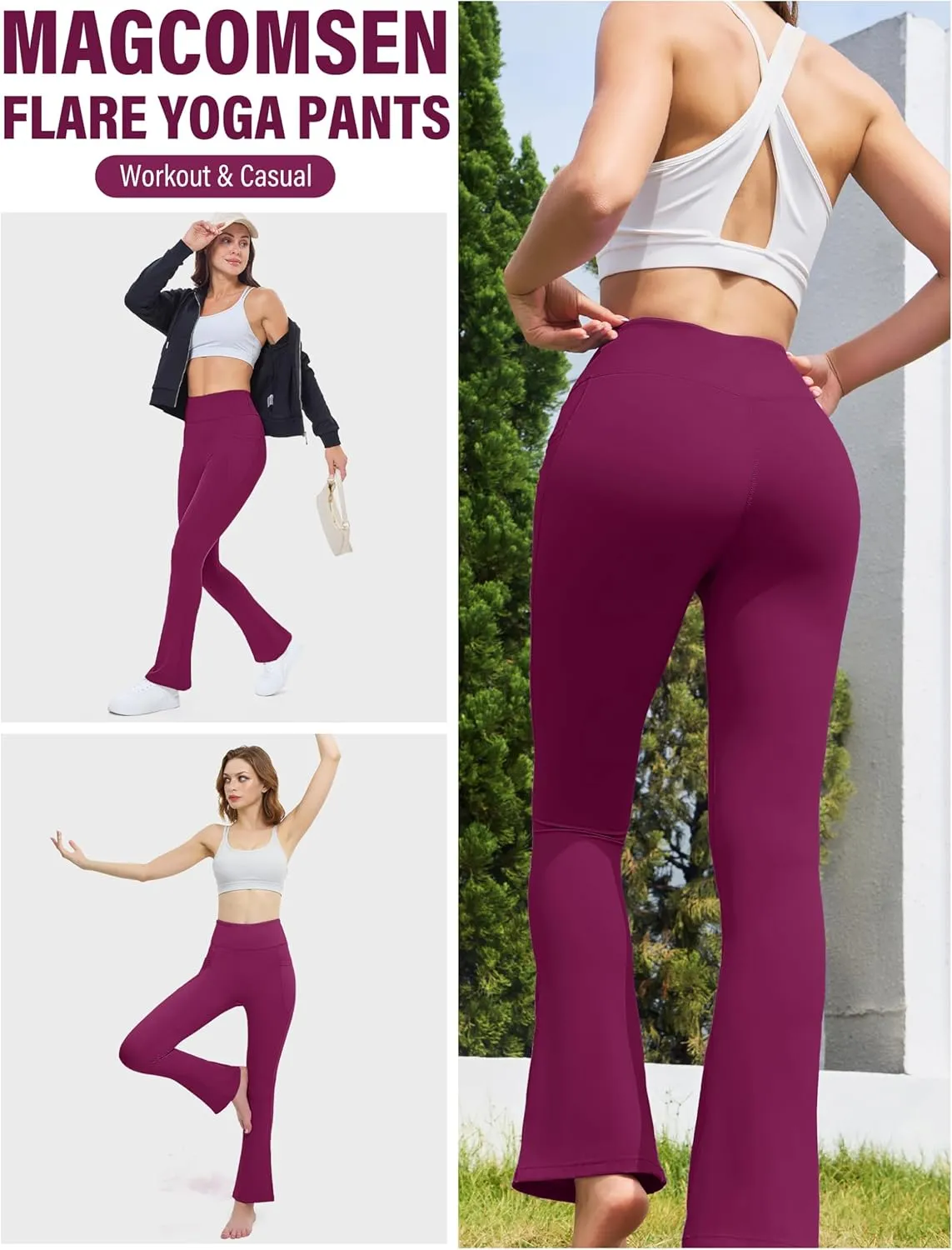 MAGCOMSEN Womens High Waisted Flare Leggings Tummy Control Yoga Pants with Pockets Mini Flared Bootcut Workout Casual