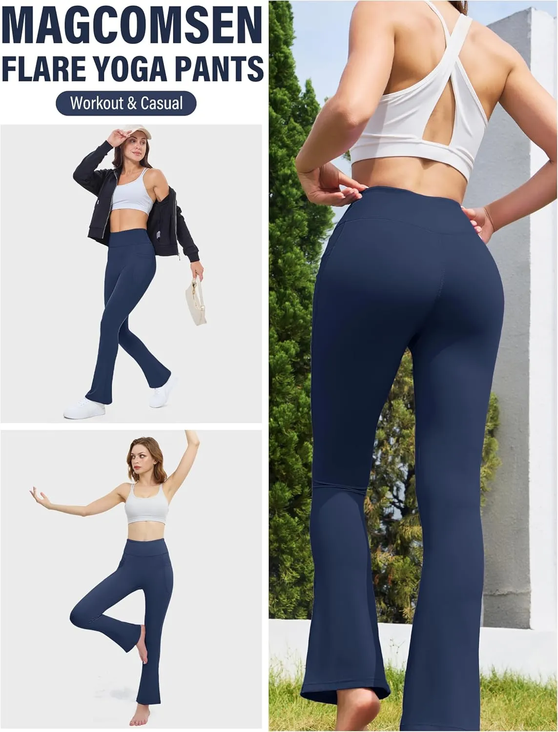 MAGCOMSEN Womens High Waisted Flare Leggings Tummy Control Yoga Pants with Pockets Mini Flared Bootcut Workout Casual