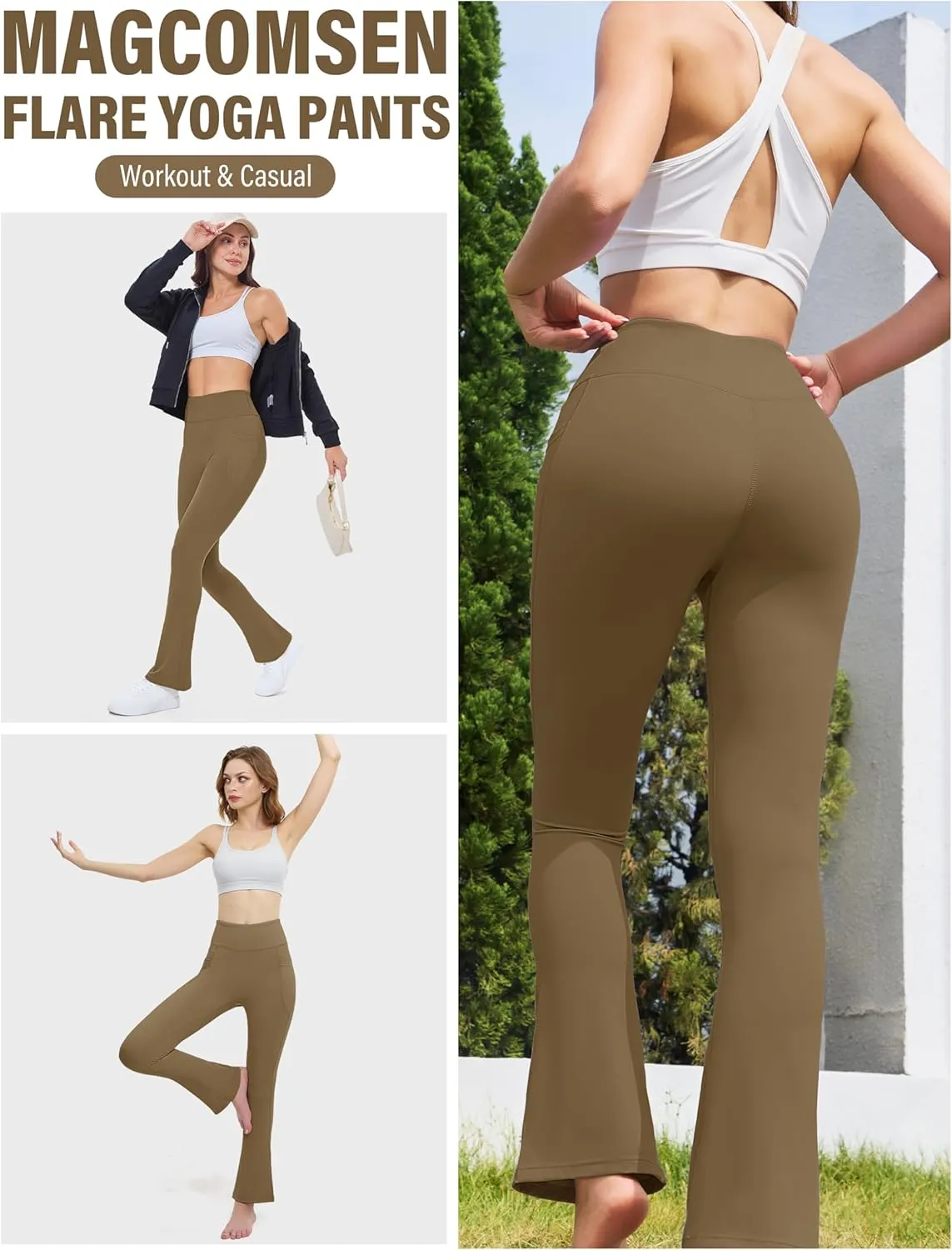 MAGCOMSEN Womens High Waisted Flare Leggings Tummy Control Yoga Pants with Pockets Mini Flared Bootcut Workout Casual