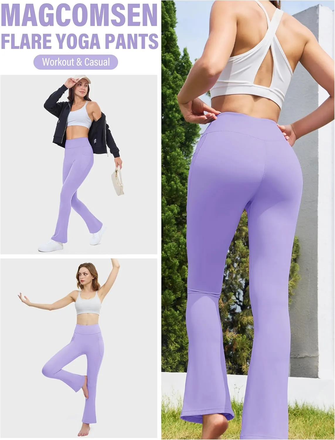 MAGCOMSEN Womens High Waisted Flare Leggings Tummy Control Yoga Pants with Pockets Mini Flared Bootcut Workout Casual