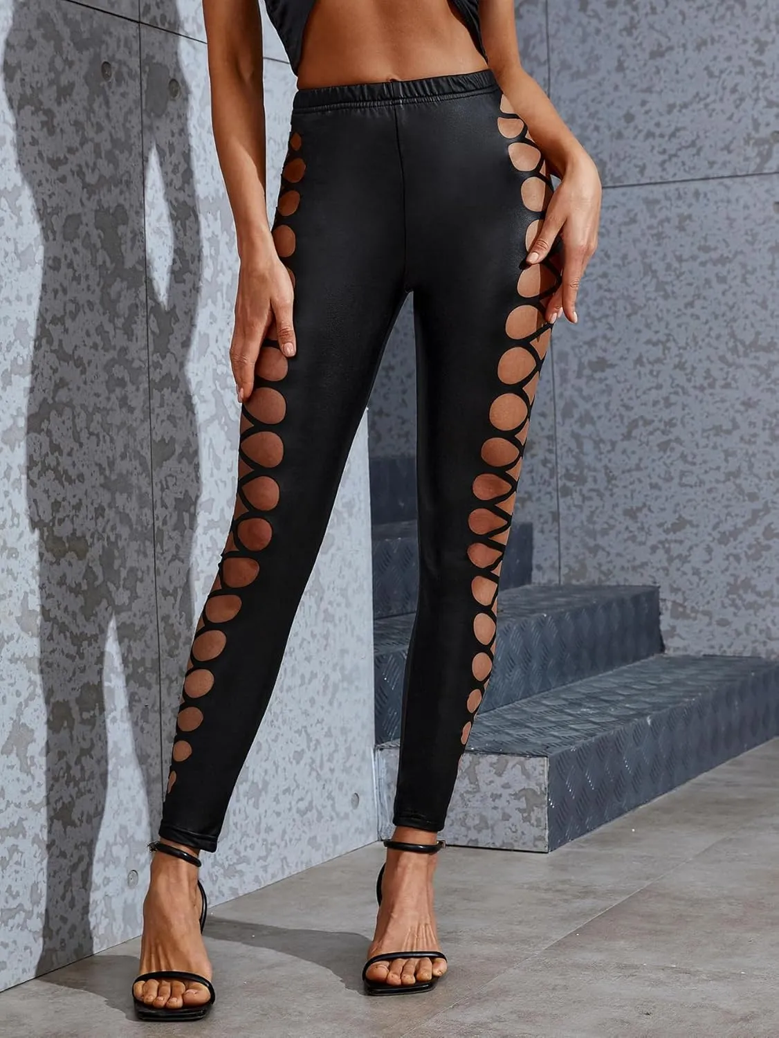 MakeMeChic Women's Cut Out Sexy Leggings Criss Cross Skinny Pants Party Clubwear