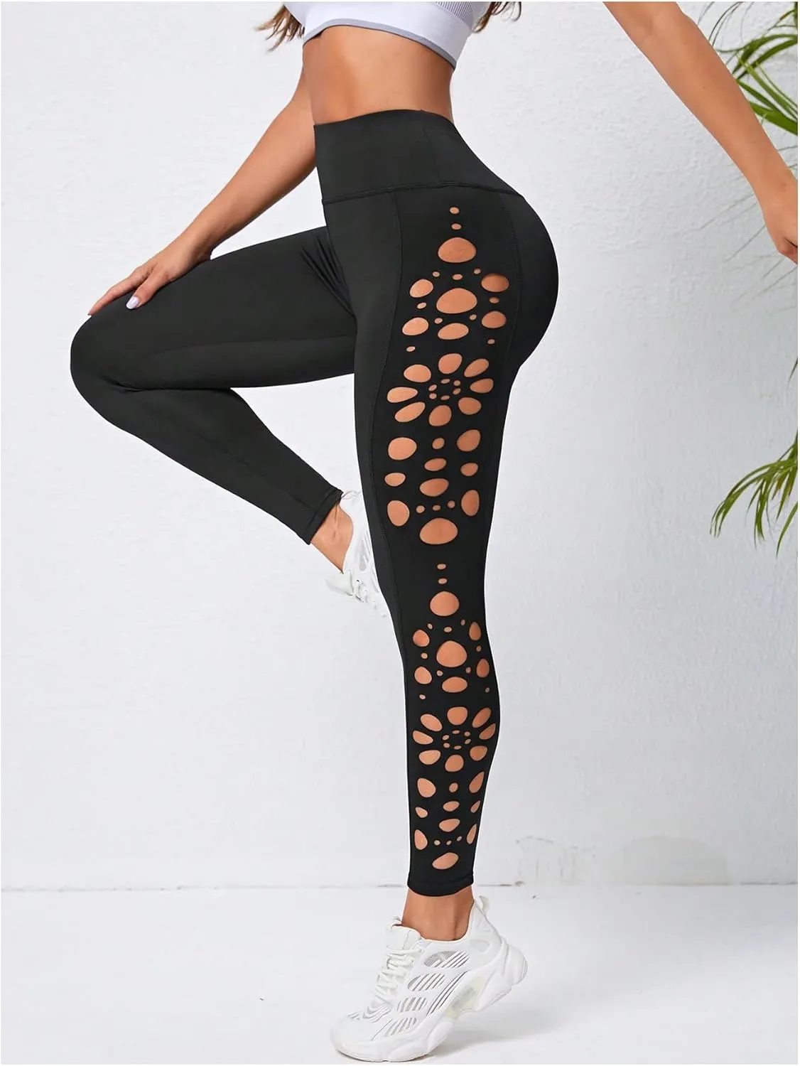 MakeMeChic Women's Cut Out Sexy Leggings Criss Cross Skinny Pants Party Clubwear
