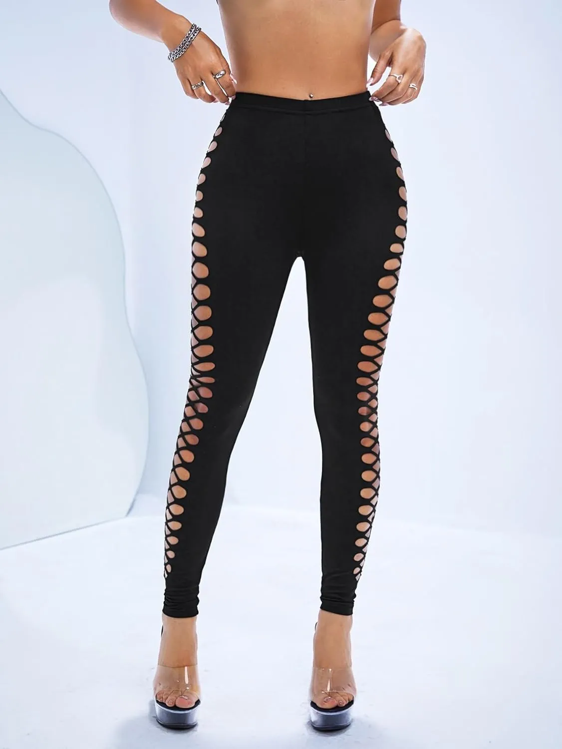 MakeMeChic Women's Cut Out Sexy Leggings Criss Cross Skinny Pants Party Clubwear
