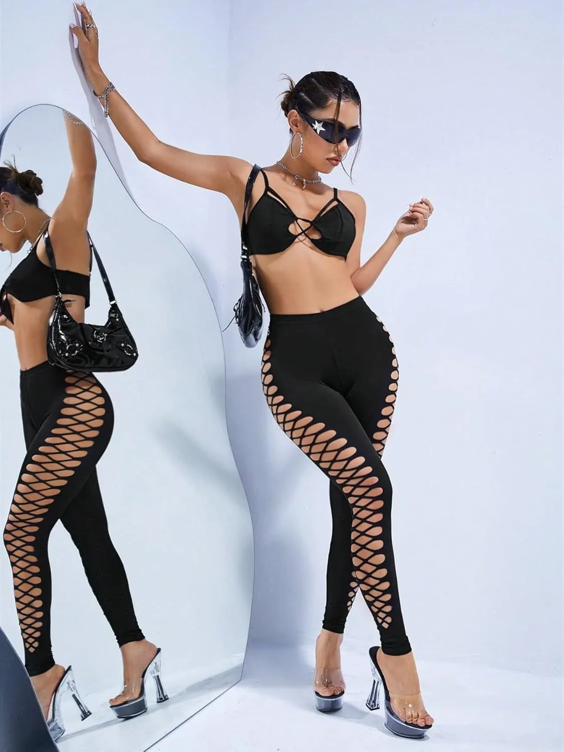 MakeMeChic Women's Cut Out Sexy Leggings Criss Cross Skinny Pants Party Clubwear