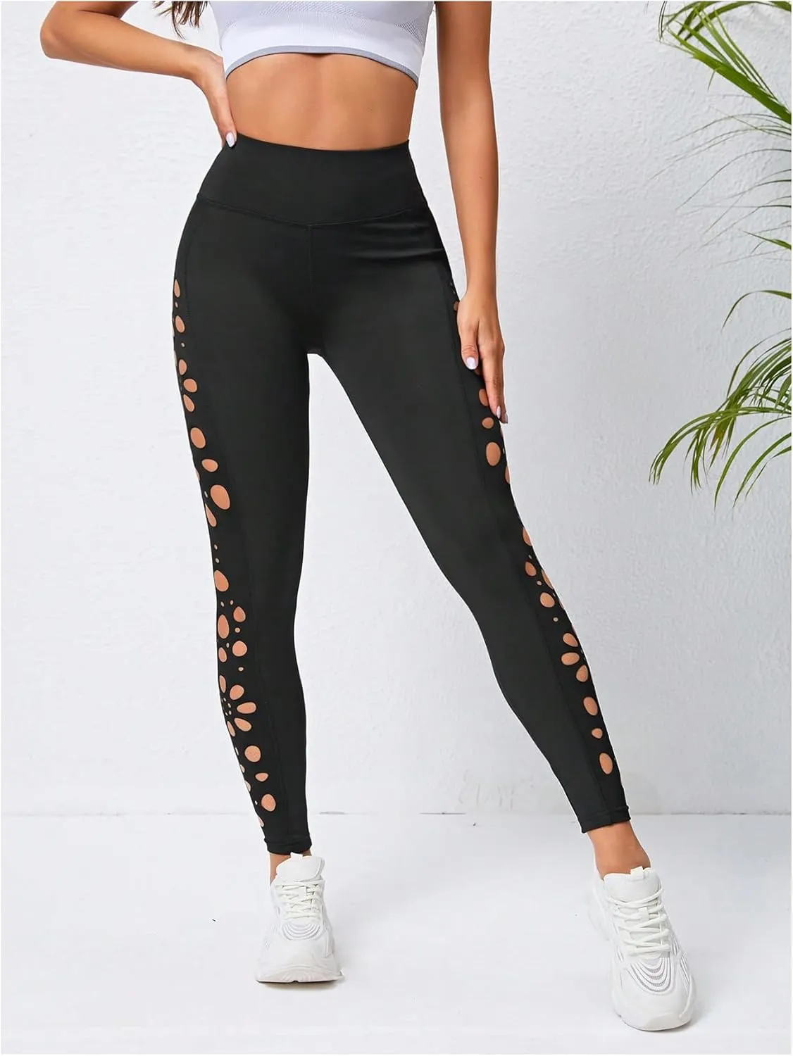 MakeMeChic Women's Cut Out Sexy Leggings Criss Cross Skinny Pants Party Clubwear