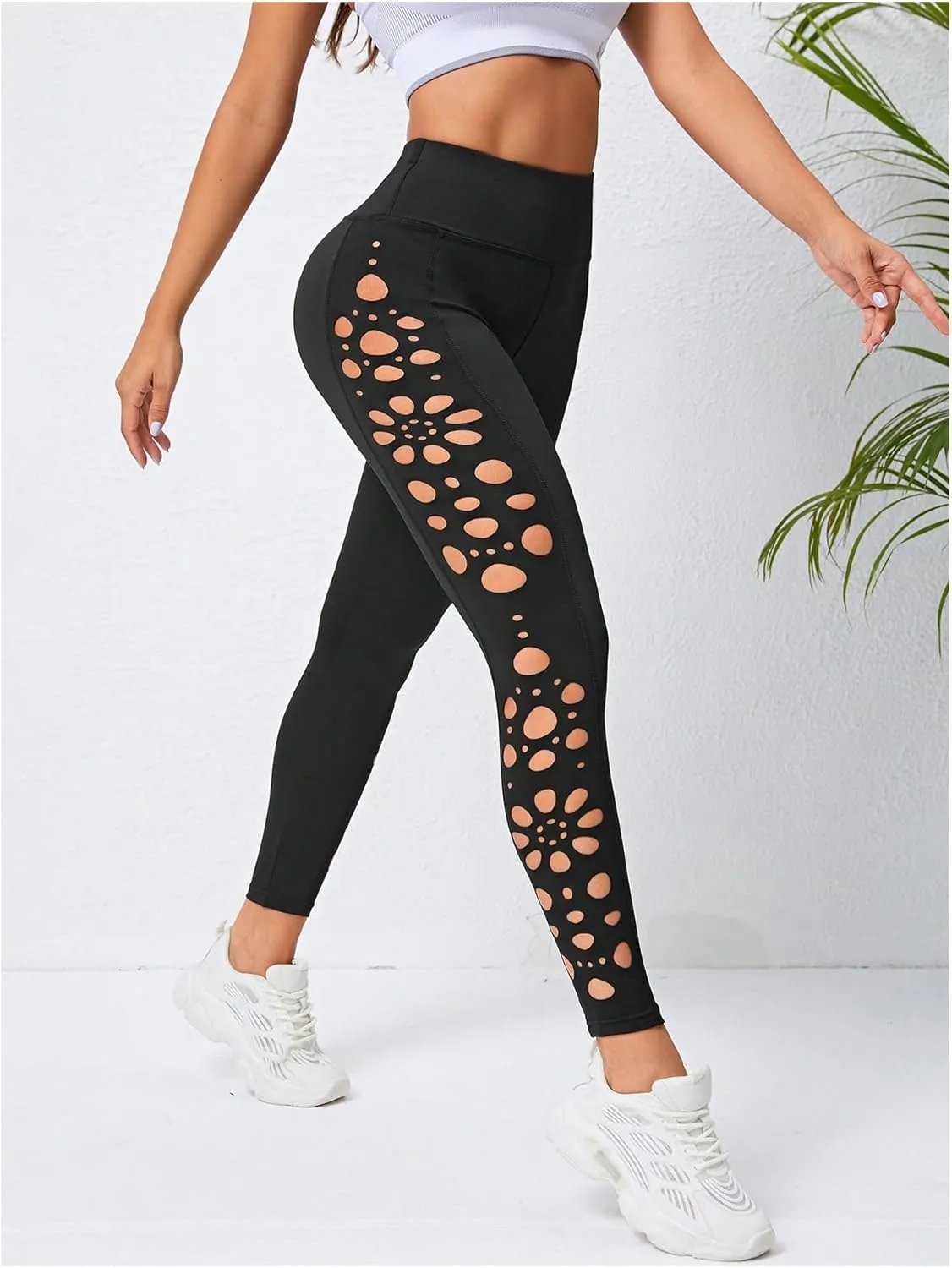 MakeMeChic Women's Cut Out Sexy Leggings Criss Cross Skinny Pants Party Clubwear