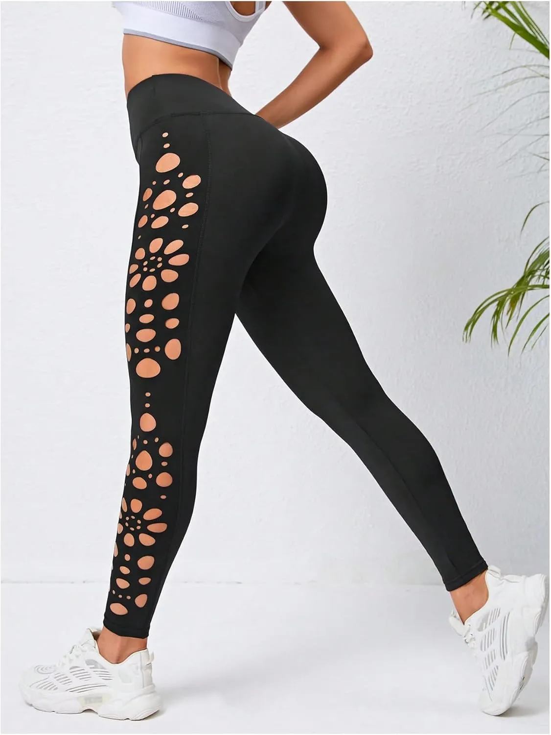MakeMeChic Women's Cut Out Sexy Leggings Criss Cross Skinny Pants Party Clubwear
