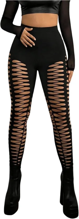 MakeMeChic Women's Cut Out Sexy Leggings Criss Cross Skinny Pants Party Clubwear