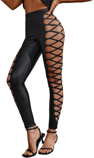 MakeMeChic Women's Cut Out Sexy Leggings Criss Cross Skinny Pants Party Clubwear