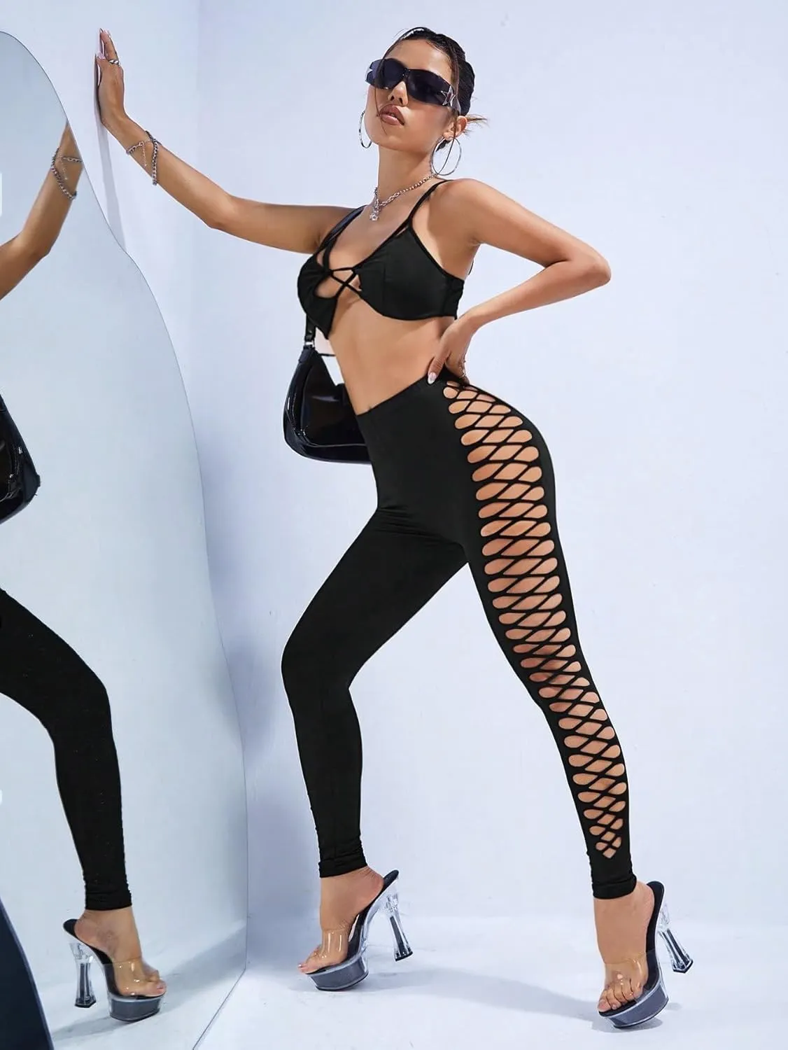 MakeMeChic Women's Cut Out Sexy Leggings Criss Cross Skinny Pants Party Clubwear