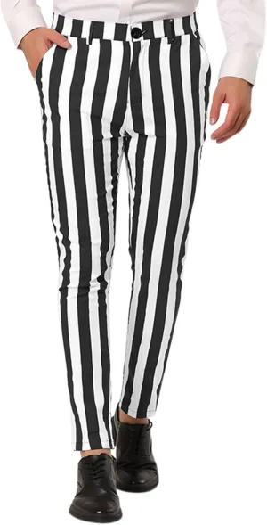 Mens Striped Ankle Pants Casual Slim Fit Flat Front Plaid Pants Fashion Skinny Stretch Dress Pants with Pockets