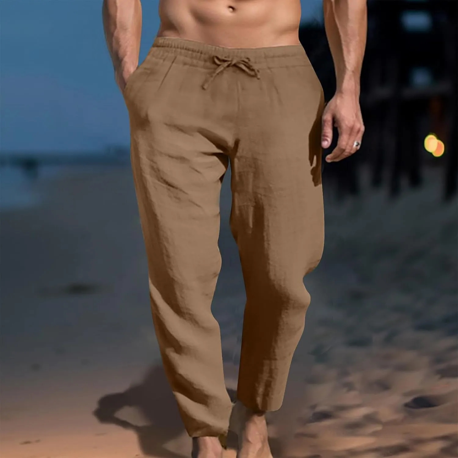 Mens Sweatpants Slim Fit Casual Linen Pants Beach Trousers with Pocket Elastic Waisted Drawstring Baggy Jogger Pants
