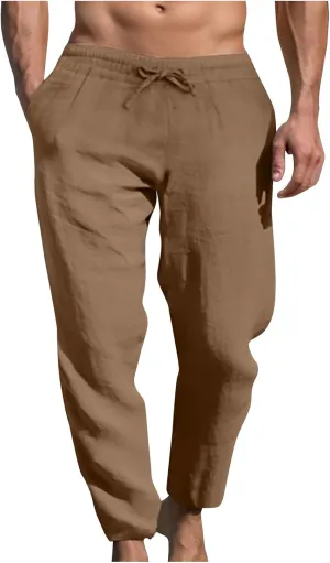 Mens Sweatpants Slim Fit Casual Linen Pants Beach Trousers with Pocket Elastic Waisted Drawstring Baggy Jogger Pants