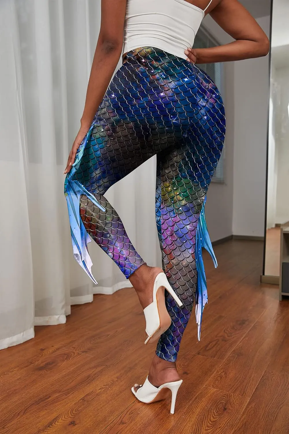 Mermaid Leggings for Women Fish Scale Leggings High Waisted Full Length Pants for Halloween Dance Party