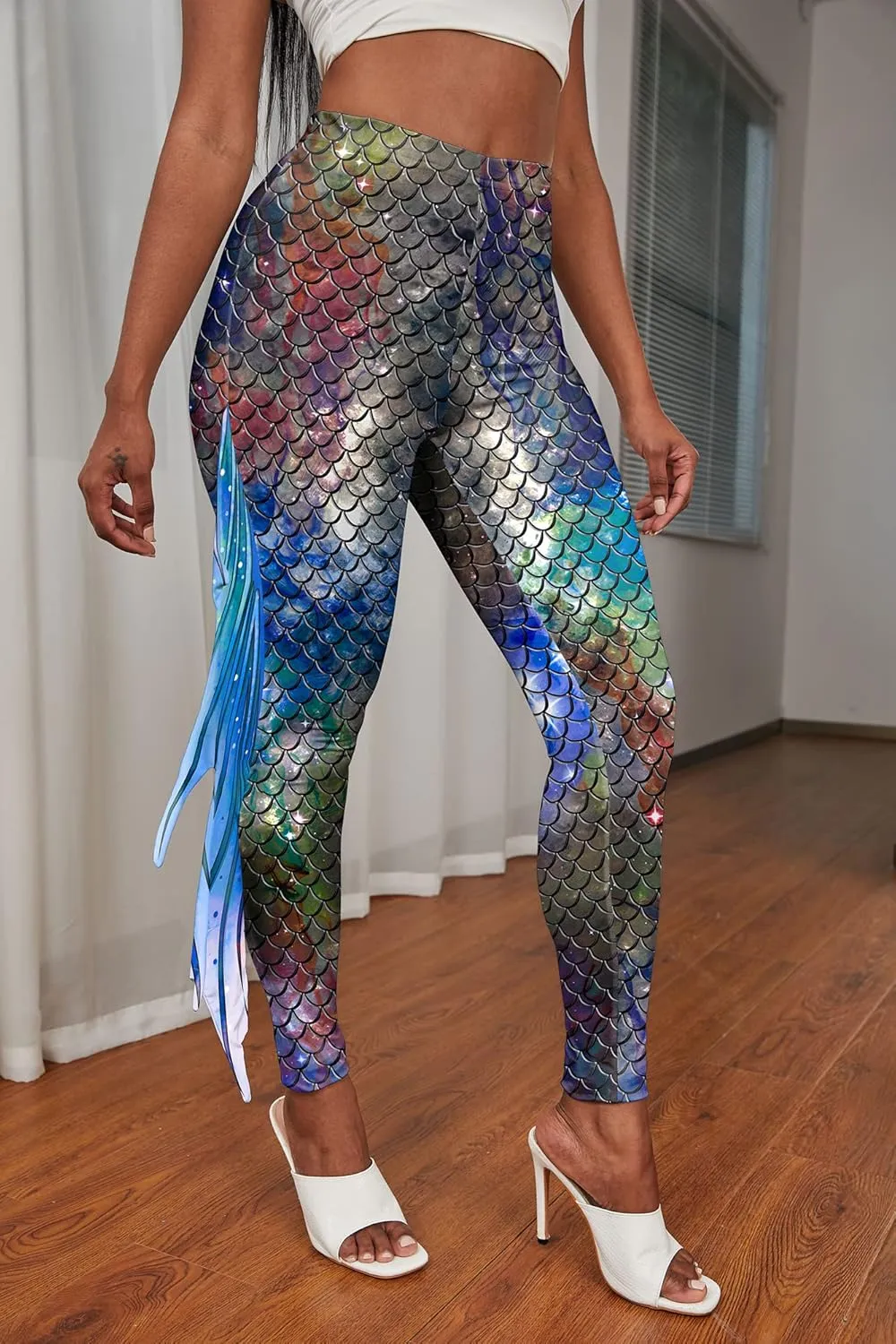 Mermaid Leggings for Women Fish Scale Leggings High Waisted Full Length Pants for Halloween Dance Party
