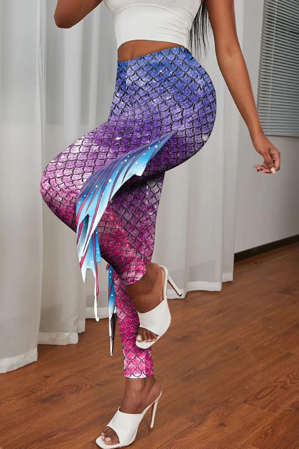Mermaid Leggings for Women Fish Scale Leggings High Waisted Full Length Pants for Halloween Dance Party