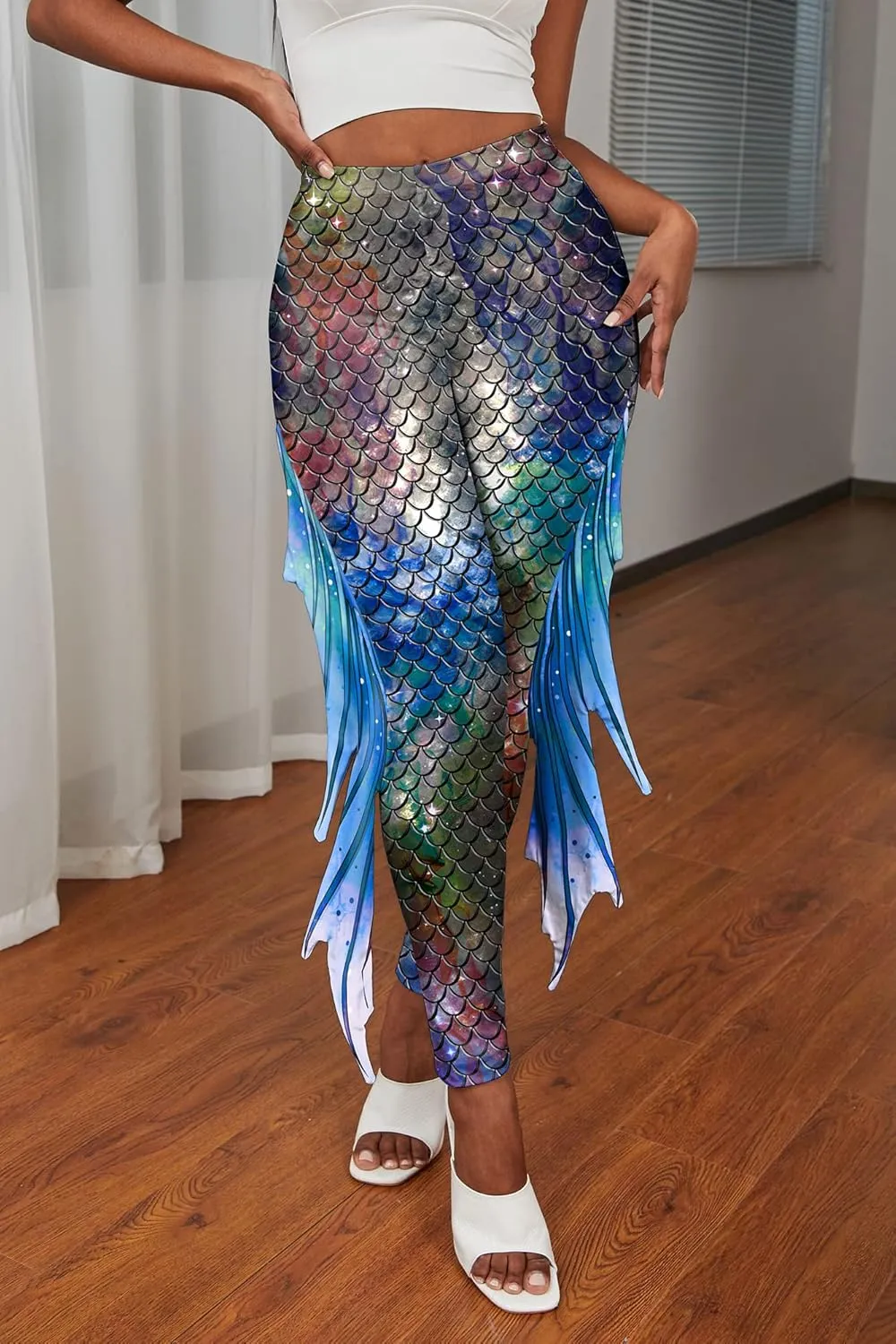 Mermaid Leggings for Women Fish Scale Leggings High Waisted Full Length Pants for Halloween Dance Party