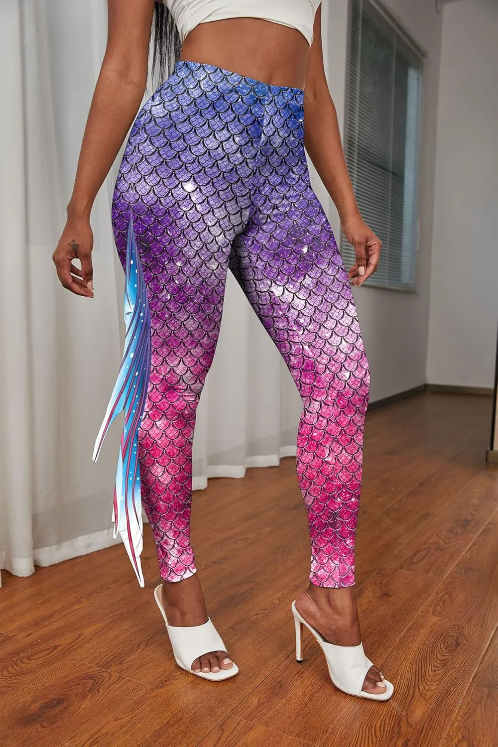 Mermaid Leggings for Women Fish Scale Leggings High Waisted Full Length Pants for Halloween Dance Party