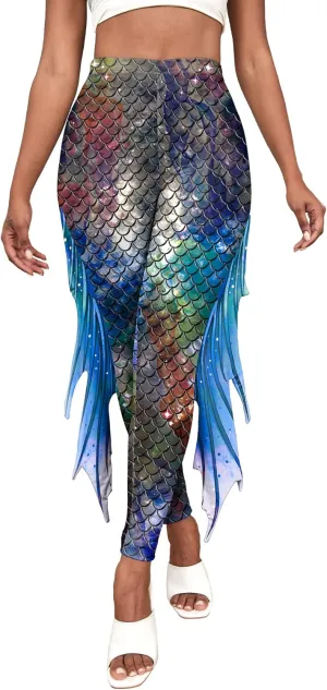 Mermaid Leggings for Women Fish Scale Leggings High Waisted Full Length Pants for Halloween Dance Party