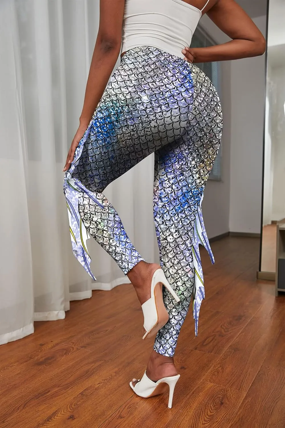 Mermaid Leggings for Women Fish Scale Leggings High Waisted Full Length Pants for Halloween Dance Party
