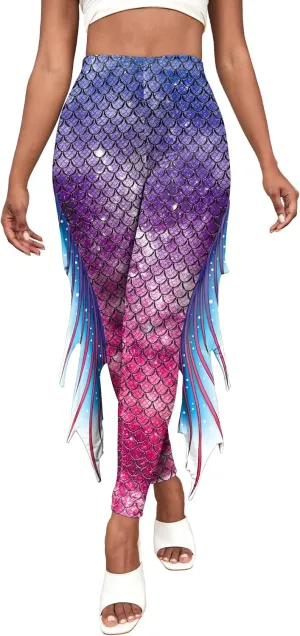 Mermaid Leggings for Women Fish Scale Leggings High Waisted Full Length Pants for Halloween Dance Party