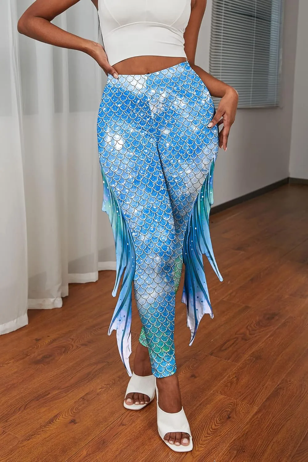 Mermaid Leggings for Women Fish Scale Leggings High Waisted Full Length Pants for Halloween Dance Party