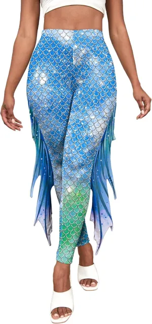 Mermaid Leggings for Women Fish Scale Leggings High Waisted Full Length Pants for Halloween Dance Party