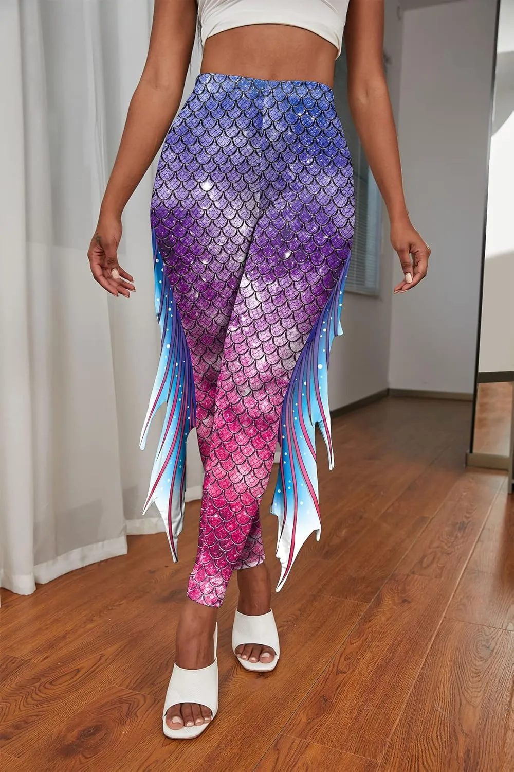 Mermaid Leggings for Women Fish Scale Leggings High Waisted Full Length Pants for Halloween Dance Party