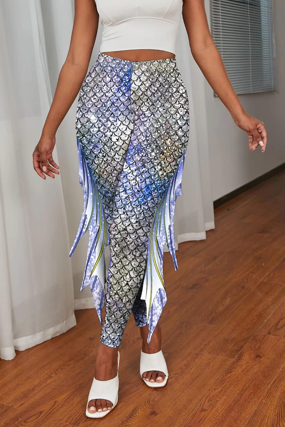 Mermaid Leggings for Women Fish Scale Leggings High Waisted Full Length Pants for Halloween Dance Party