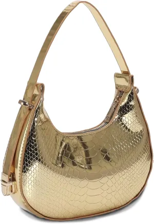Metallic Hobo Crescent Shoulder Bag, Sparkly Half Moon Handbag