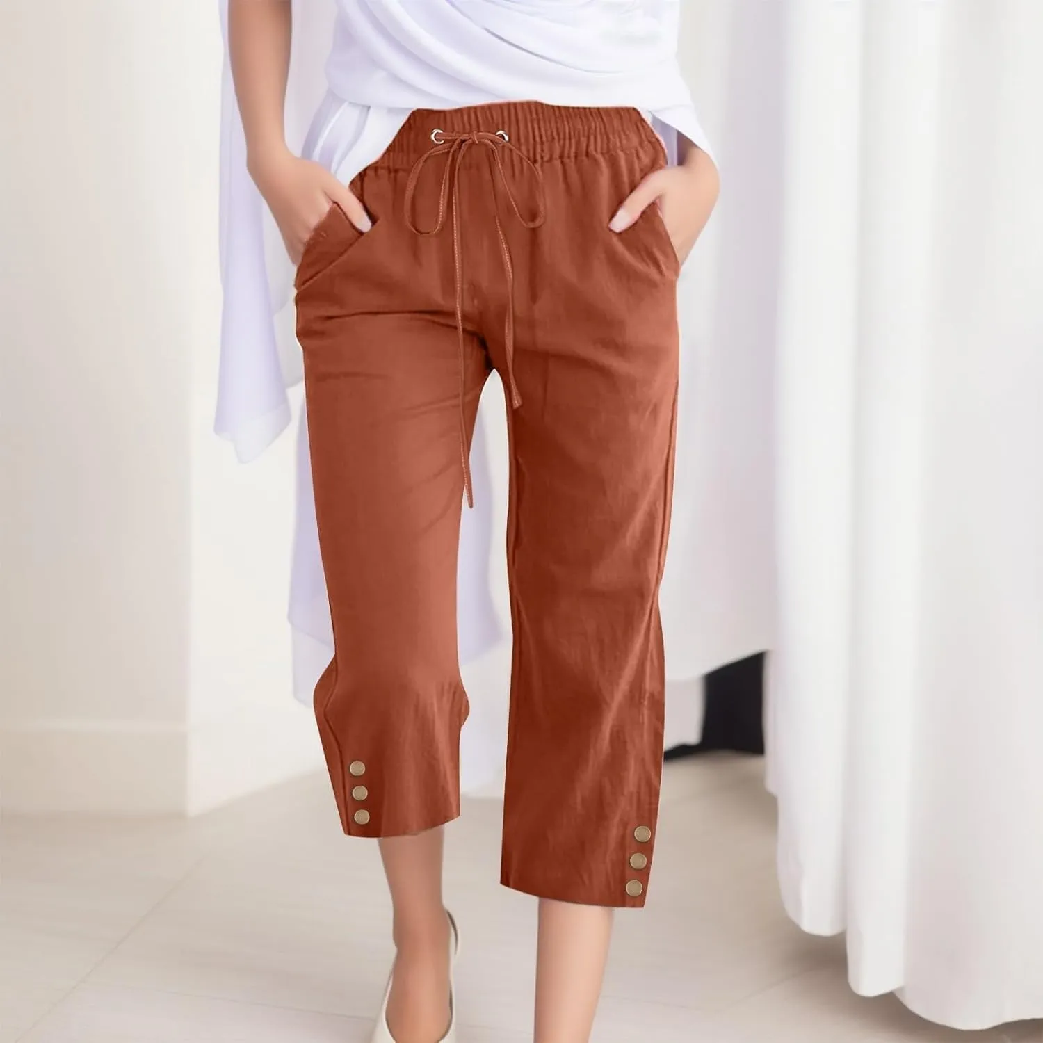 midelxp Linen Capri Pants for Women Casual 2024 Summer Drawstring High Waist Lounge Pants Baggy Straight Leg Cropped Trouser