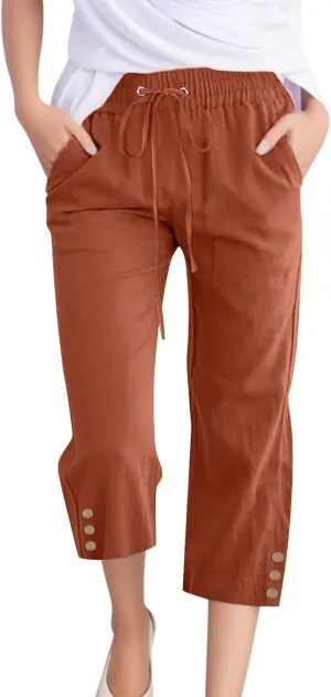 midelxp Linen Capri Pants for Women Casual 2024 Summer Drawstring High Waist Lounge Pants Baggy Straight Leg Cropped Trouser