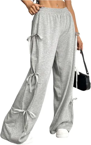 Milumia Women's Bow Tie Side Sweatpants Loose Fit Wide Leg Casual Track Pants