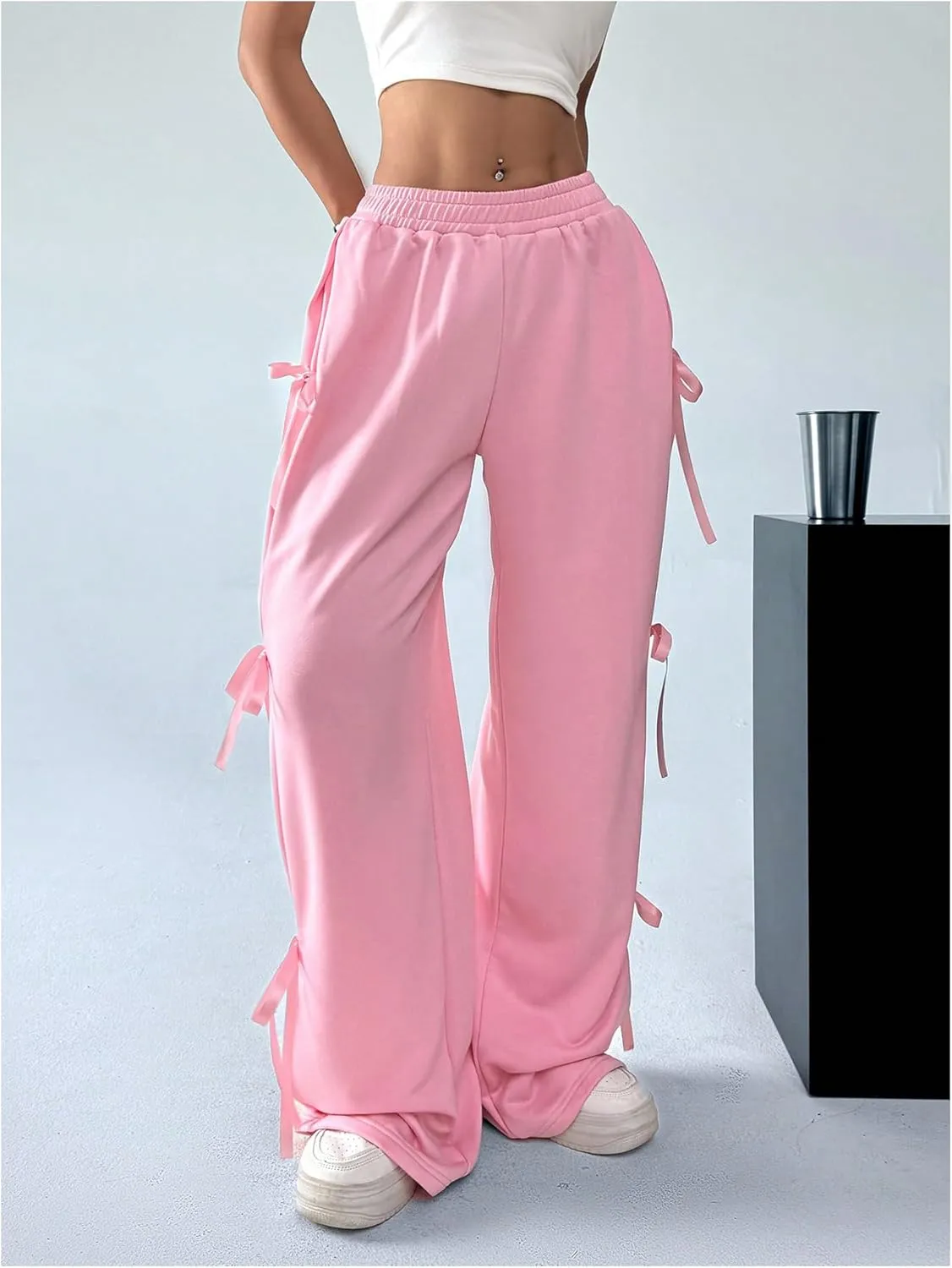 Milumia Women's Bow Tie Side Sweatpants Loose Fit Wide Leg Casual Track Pants