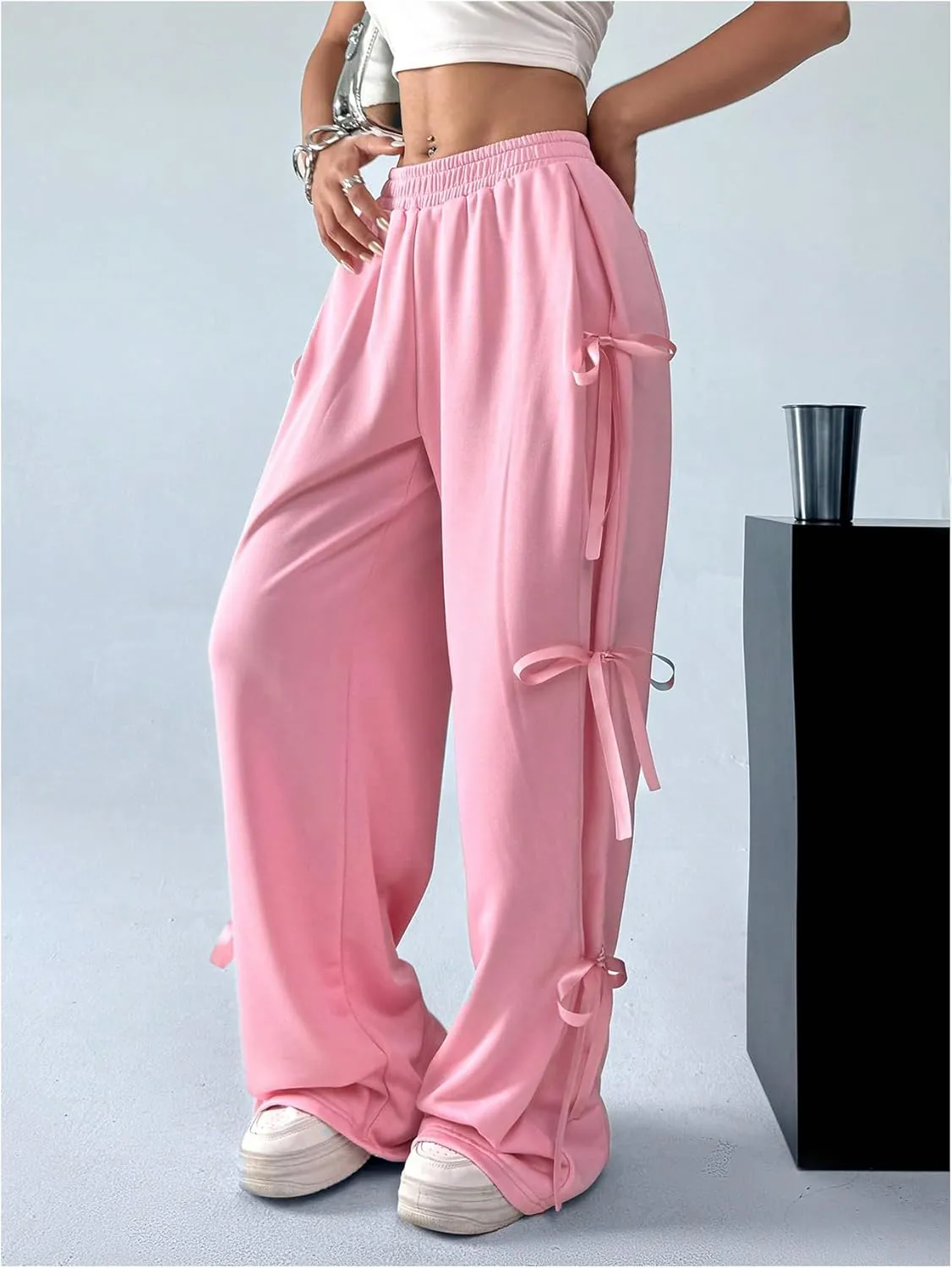 Milumia Women's Bow Tie Side Sweatpants Loose Fit Wide Leg Casual Track Pants