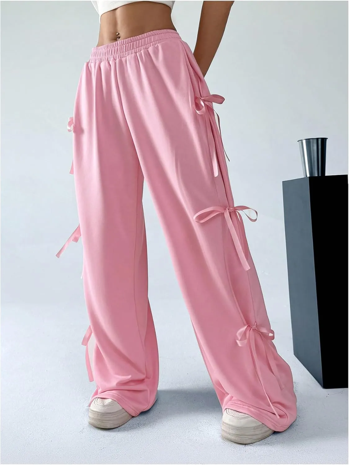 Milumia Women's Bow Tie Side Sweatpants Loose Fit Wide Leg Casual Track Pants
