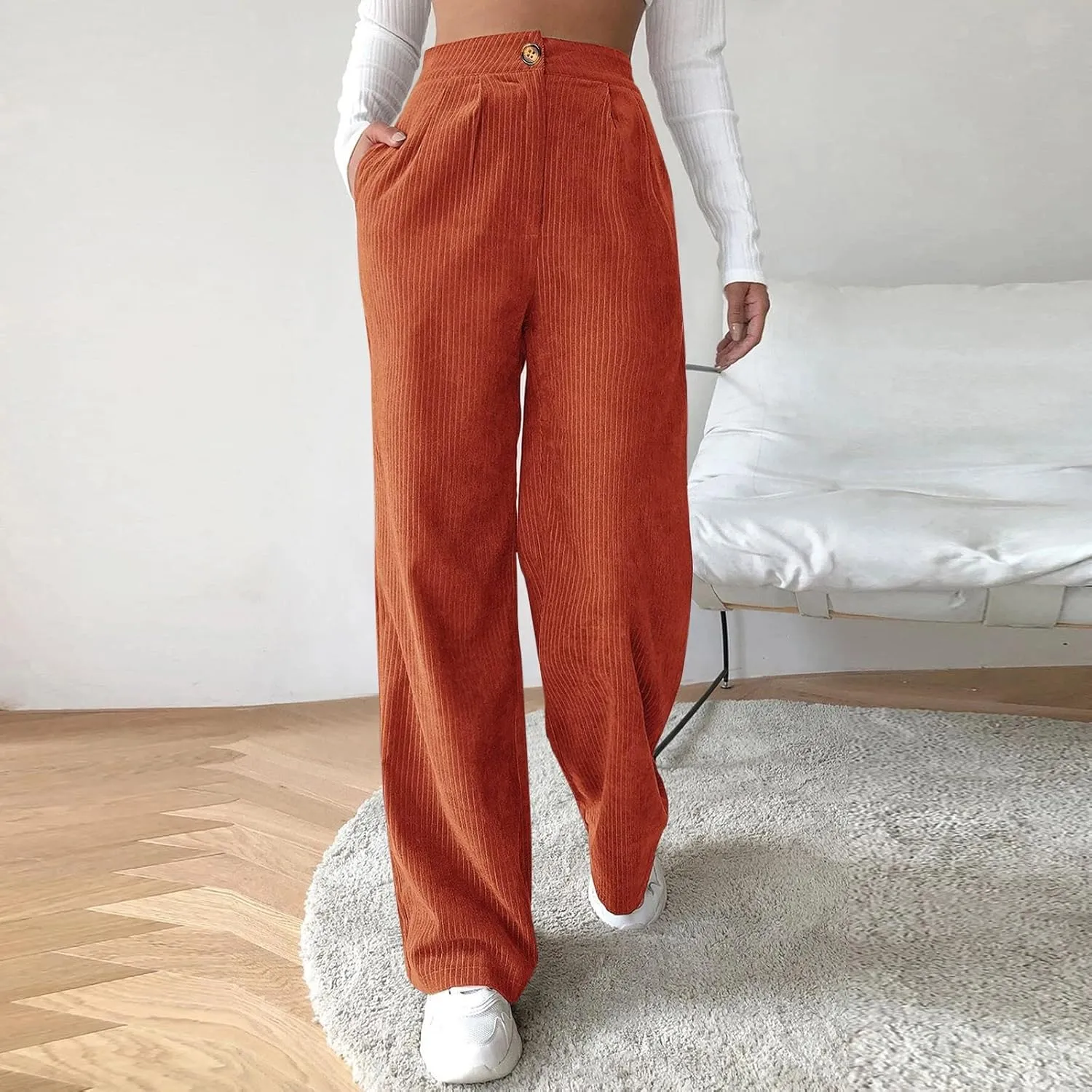 Miyaomn Women Trendy Fall Corduroy Pants Solid Color Loose High Waist Straight Wide Leg Trousers Casual Trousers with Pockets