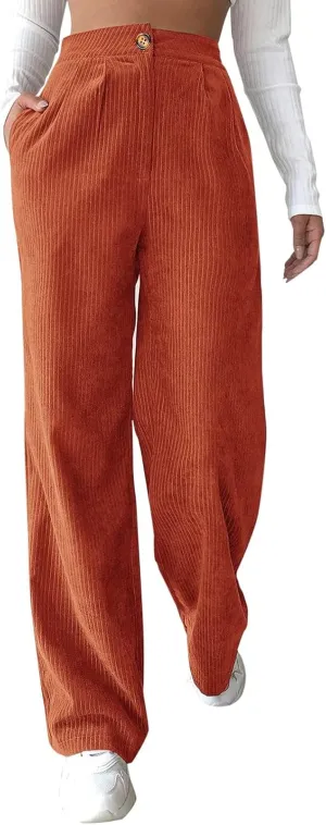 Miyaomn Women Trendy Fall Corduroy Pants Solid Color Loose High Waist Straight Wide Leg Trousers Casual Trousers with Pockets