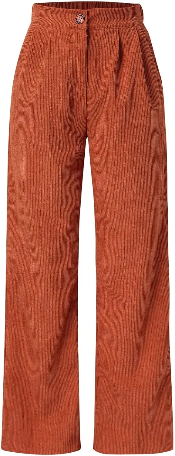 Miyaomn Women Trendy Fall Corduroy Pants Solid Color Loose High Waist Straight Wide Leg Trousers Casual Trousers with Pockets
